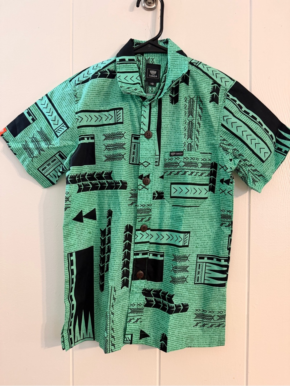 Boys' Short-Sleeve Printed Camp Shirt in Teal and Black